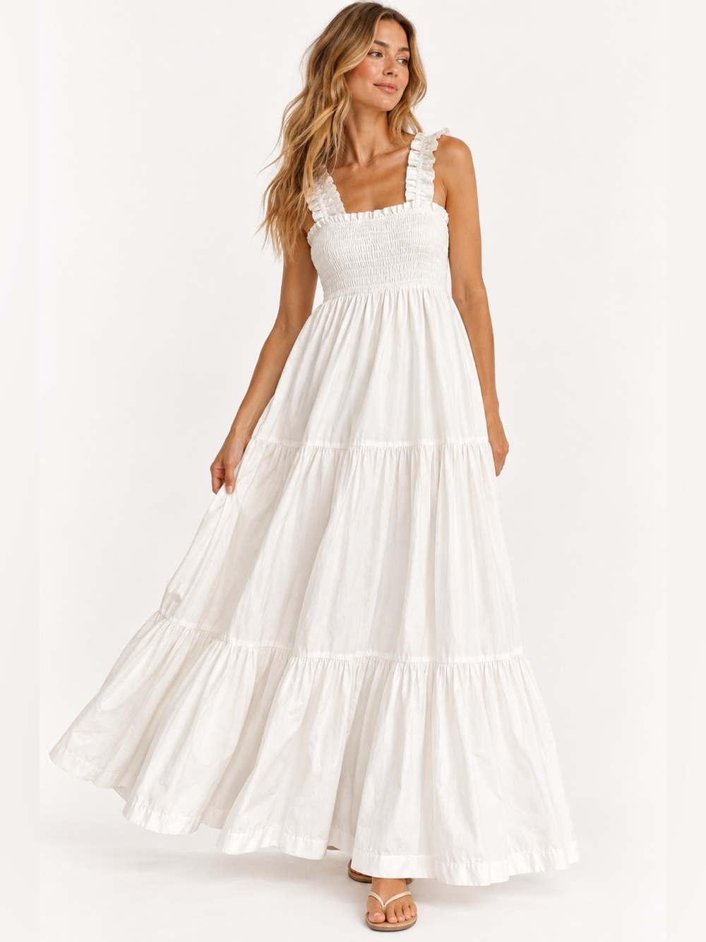 Abercrombie & Fitch White Smocked Maxi Dress with Ruffle Straps